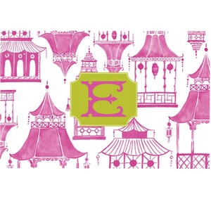 May include: A pink and white patterned design with a large green and pink letter E in the center. The pattern features multiple pagoda-style buildings with intricate details.