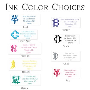 K&ouml;nnte beinhalten: Grafik mit Tintenfarbauswahl f&uuml;r personalisierte Schreibwaren. Das Bild zeigt Farbfelder mit Namen und Adressen, darunter Blau, Violett, Schwarz und Rot. Der Text "Ink Color Choices" befindet sich oben.