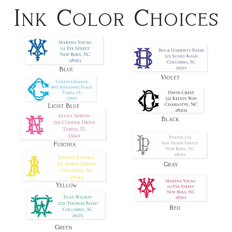 K&ouml;nnte beinhalten: Grafik mit Tintenfarbauswahl f&uuml;r personalisierte Schreibwaren. Das Bild zeigt Farbfelder mit Namen und Adressen, darunter Blau, Violett, Schwarz und Rot. Der Text "Ink Color Choices" befindet sich oben.