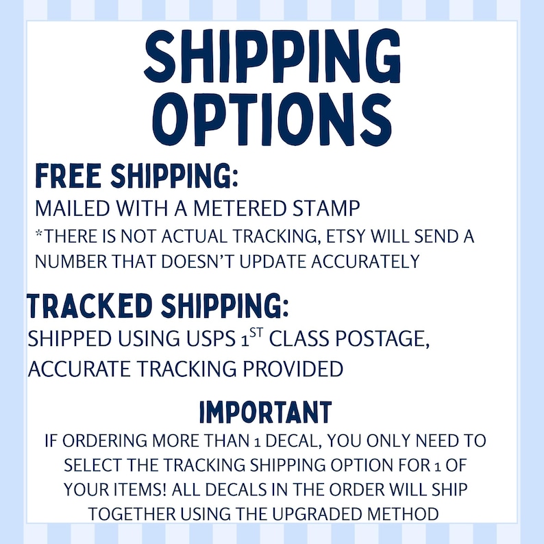 May include: A white background with blue stripes at the top and bottom. The text "SHIPPING OPTIONS" is in large, dark blue letters. Below, it lists "FREE SHIPPING" and "TRACKED SHIPPING" options.