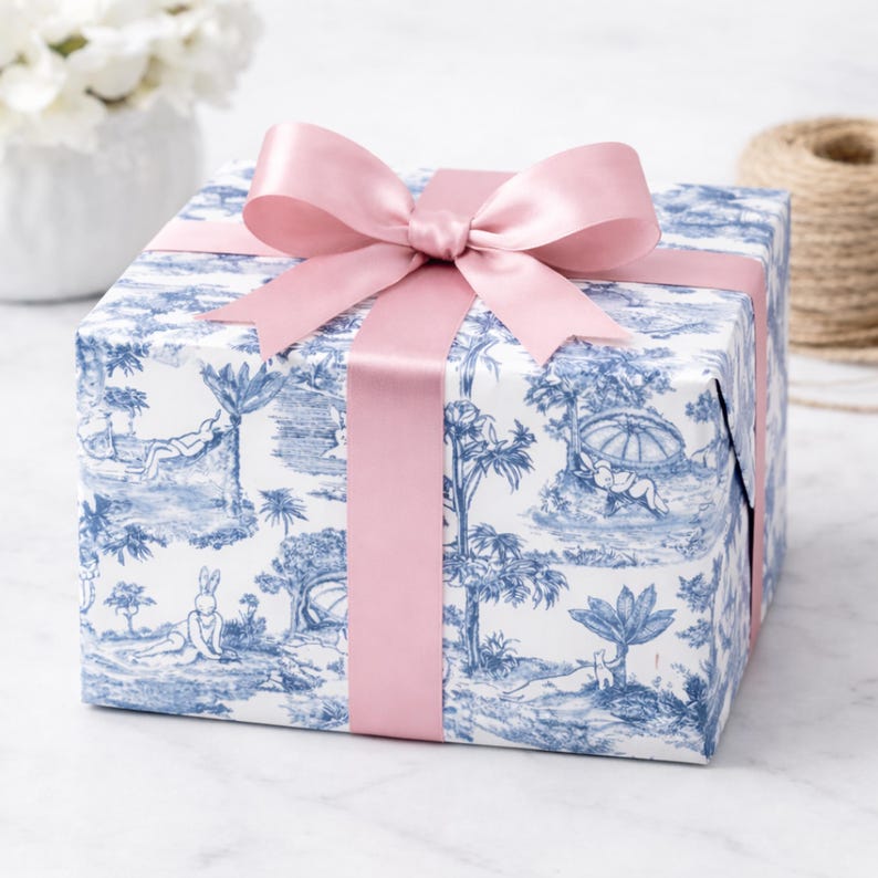Blue and White Toile Wrapping Paper, Bunny Rabbit Toile Chinoiserie Gift Wrap, Easter Wrapping Paper, Blue and White Floral Paper 画像 2