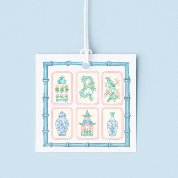 Pastel Chinoiserie Mahjong Gift Tags, Custom Chinoiserie Gift Tags, Personalized Mahjong Tile Gift Tags, Game Night Tags