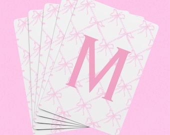 Monogram Pink Ribbon Playing Cards, Pink and White Coquette Deck of Cards, Personalized Cards, Easter Basket Monogram Gift for Her, Pink Bow