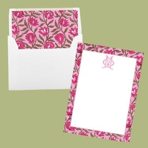 Monogram Pink and White Floral Block Print Note Cards, Custom Stationery Cards for Her, Chinoiserie Chic Personalized Flat Note Cards