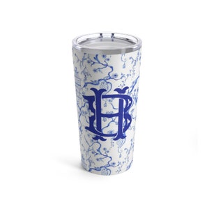 Chinoiserie Monogram Stainless Steel Tumbler, Blue and White Personalized 10oz Tumbler, 20oz Monogram Cup, Preppy Steel Drink Mug