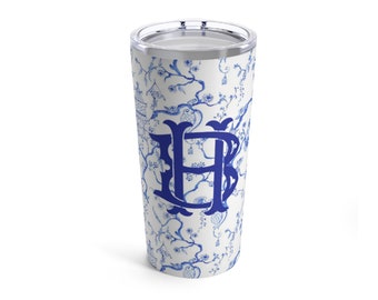 Chinoiserie Monogram Stainless Steel Tumbler, Blue and White Personalized 10oz Tumbler, 20oz Monogram Cup, Preppy Steel Drink Mug