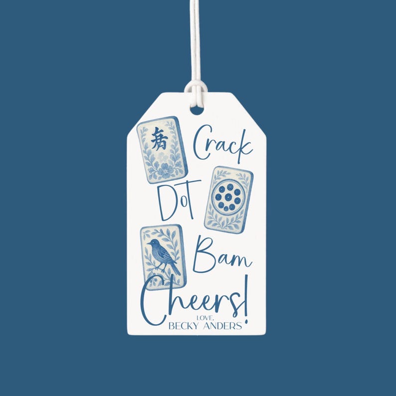 Crack Dot Bam Cheers! Custom Mahjong Gift Tags, Personalized Chinoiserie Mahjong Tile Gift Tags, Blue and White Grandmillenial Gift Tags image 1