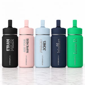 Individuell lasergravierte Kinder-Trinkflasche | Hydra-peak 414-ml-Trinkflasche mit Strohhalmdeckel | Personalisierte Trinkflasche mit kleinem Namen für Kinder