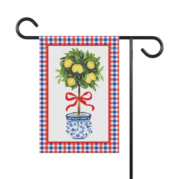 Patriotic Red White & Blue Chinoiserie Lemon Topiary Garden Flag, 12'' × 18'' Blue White Plant Flag, Garden Banner, July 4th Memorial Day