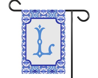Blue & White Mediterranean Inspired Garden Flag, 12'' × 18'' Monogram Spring Plant Flag, Garden Banner, Colorful Summer Flag, Gifts for Her