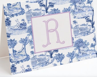 Monogrammed Blue and White Bunny Toile Folded Stationery Cards, Chinoiserie Custom Notecards, Thank you Cards