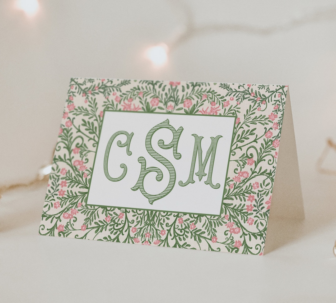 Monogrammed Pink and Green Floral Folded Stationery Cards, Chinoiserie ...