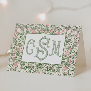 Monogrammed Pink and Green Floral Folded Stationery Cards, Chinoiserie Thank You Custom Notecards, Pink Flower Thank you Cards