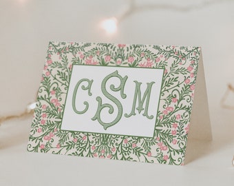Monogrammed Pink and Green Floral Folded Stationery Cards, Chinoiserie Thank You Custom Notecards, Pink Flower Cards, Grandmillenial