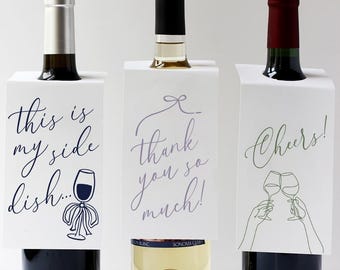 Set of Hostess Gift Hanging Wine Bottle Gift Tags, Hand Drawn Cute Calligraphy Wine Gift tags, Hostess Gifts, Set of Gift Tags