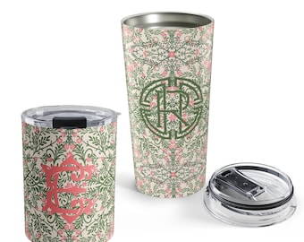 Monogram Chinoiserie Tumbler | Stainless Steel Hot or Gold Pink & Green Grandmillenial Personalized Tumbler | Monogram Cup for Her
