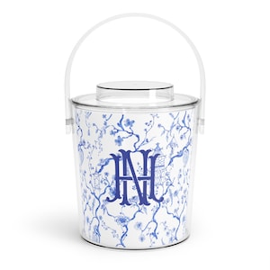 Custom Monogram Blue and White Ice Bucket with Tongs, Monogram Acrylic Lucite Ice Bucket, Grandmillenial Chinoiserie Pagoda Pattern Gift