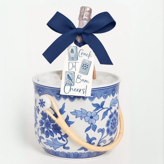 Crack Dot Bam Cheers! Hanging Wine Bottle Gift Tag, Custom Blue & White Chinoiserie Mahjong Hostess Gift Tag, Personalized Mahjong Wine Tag