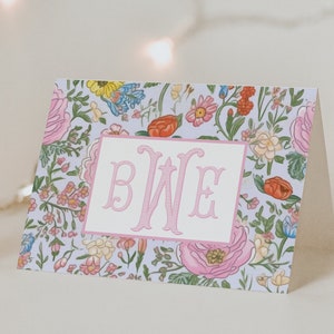 Monogrammed Pastel Floral Chinoiserie Folded Stationery Cards, Blue Flower Custom Notecards, Thank you Cards, Custom Stationery Gift for her