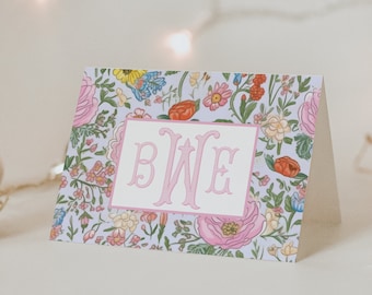Monogrammed Pastel Floral Chinoiserie Folded Stationery Cards, Blue Flower Custom Notecards, Thank you Cards, Custom Stationery Gift for her
