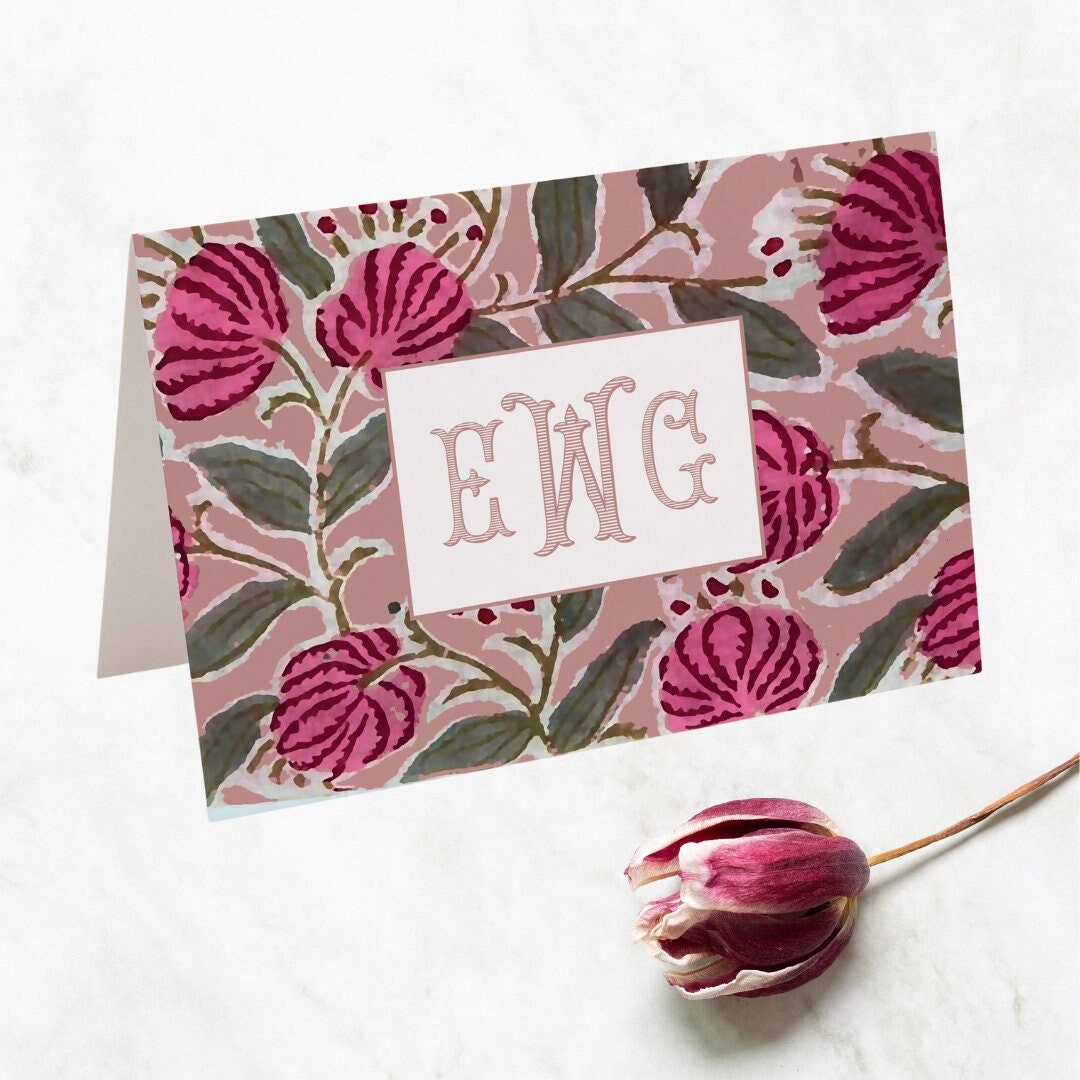 Pink Floral Block Print Monogrammed Folded Stationery Cards, Pink Peony ...