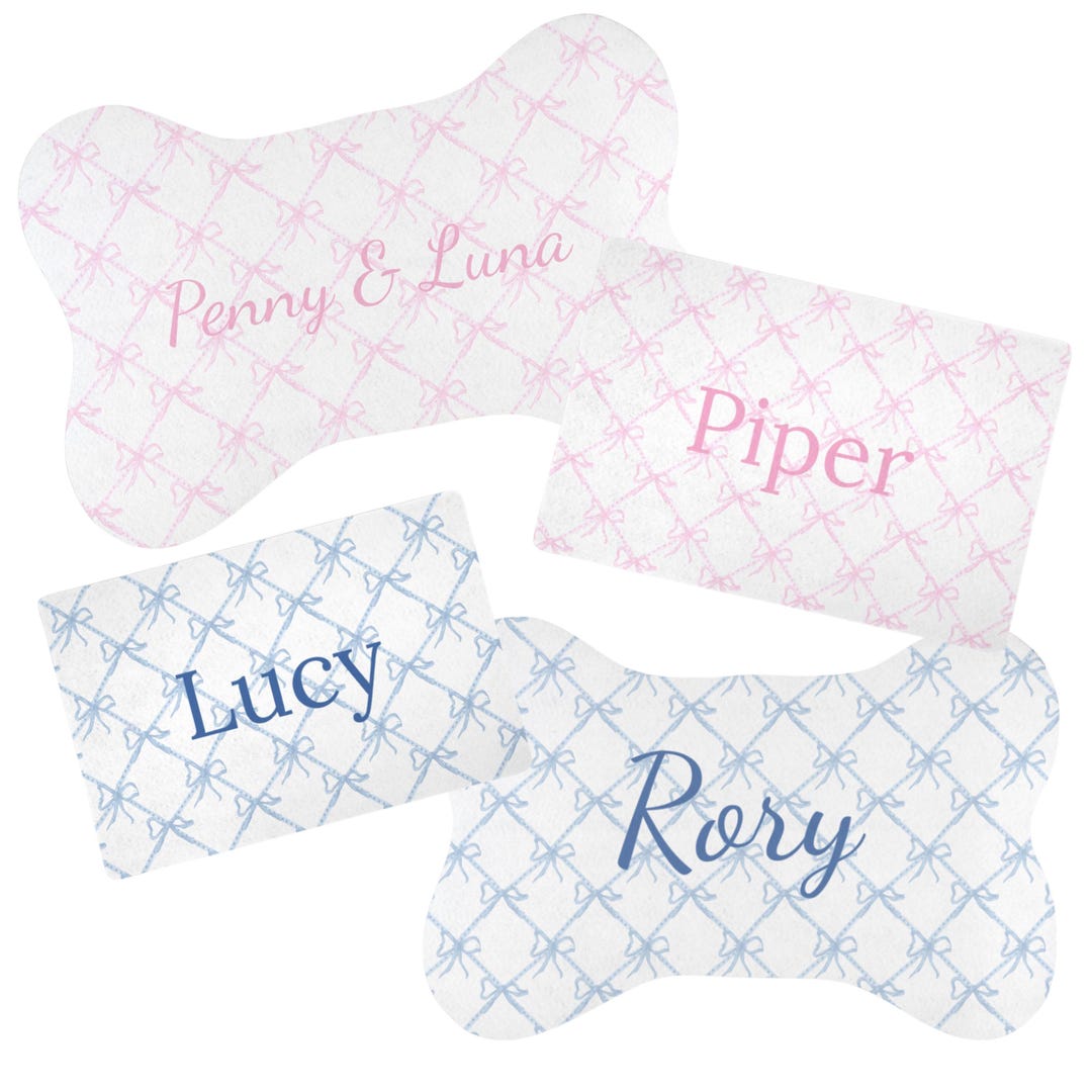 Bow Mat Personalized Bow Pet Mat, Blue and White Dog Bowl Mat, Custom Dog Gift ...
