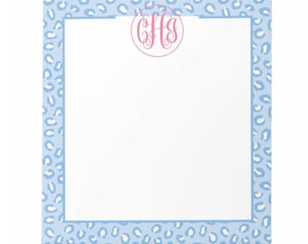 Blue and White Leopard Print Monogram Notepad, Chinoiserie Custom Note pad, Personalized Gift For Her