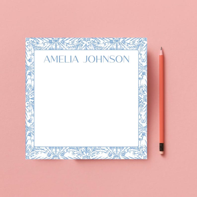 Blue & White Floral Monogram Square Notepad, Personalized Name Notepad ...