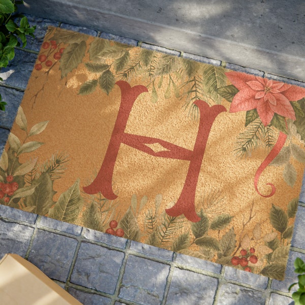 Monogram Holiday Poinsettia Door Mat, Christmas Personalized Coir Mat, Custom Front Door Mat, Last Name Door Mat, Christmas Door Mat