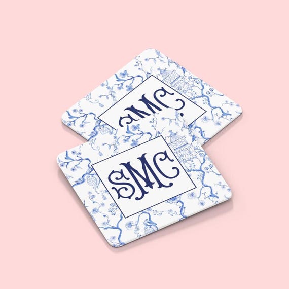 Monogram Chinoiserie Paper Coaster, Blue and White Monogram Drink Coaster, Custom Grandmillenial Monogram Wedding Decor,  Wedding Coaster