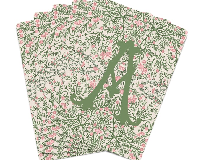 Monogram Playing Cards, Pink and Green Chinoiserie Deck of Cards, Personalized Cards, Stocking Stuffer, Custom Poker Cards