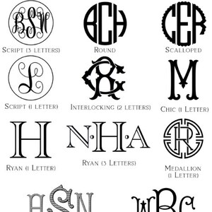 May include: A chart showing different font styles for monograms. The styles include script, round, scalloped, interlocking, chic, Ryan, medallion, striped Romanesque, and solid Romanesque.