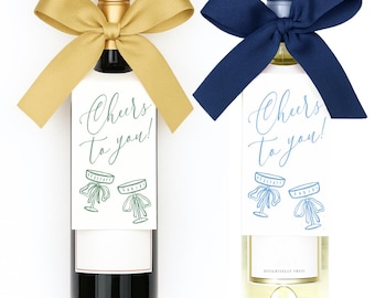 Cheers to You!" Hanging Wine Bottle Gift Tag, Custom Line Drawing Blue and White Bottle Tag, Green Holiday Wine Bottle Tag