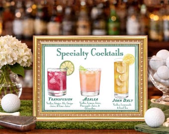 Masters-Inspired Golf Tournament Bar Sign | Customizable Golf Specialty Cocktail Menu | Golf Party Drink Menu | Transfusion Azalea John Daly