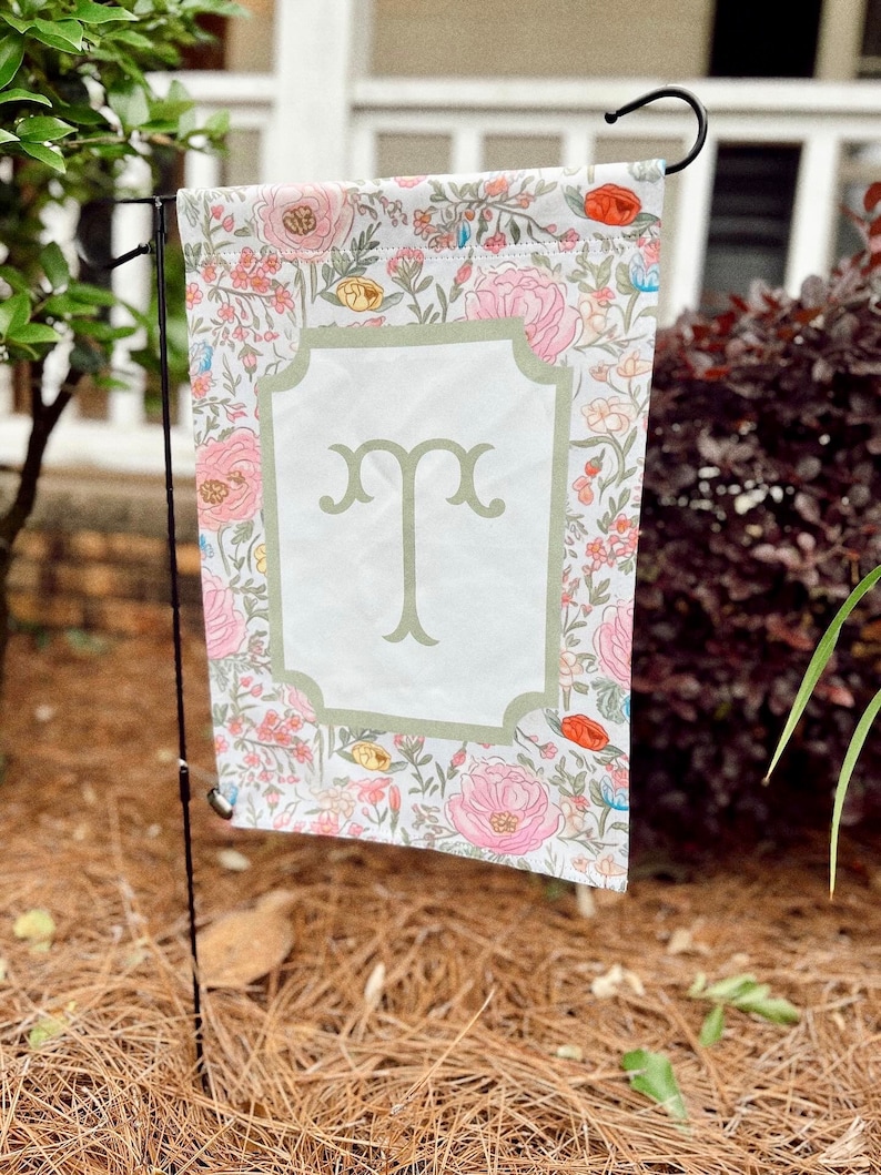 Monogram Pastel Floral Chinoiserie Garden Flag, 12'' × 18'' Plant Flag, Spring Garden Banner, Custom Garden Flag, Personalized Garden Gift