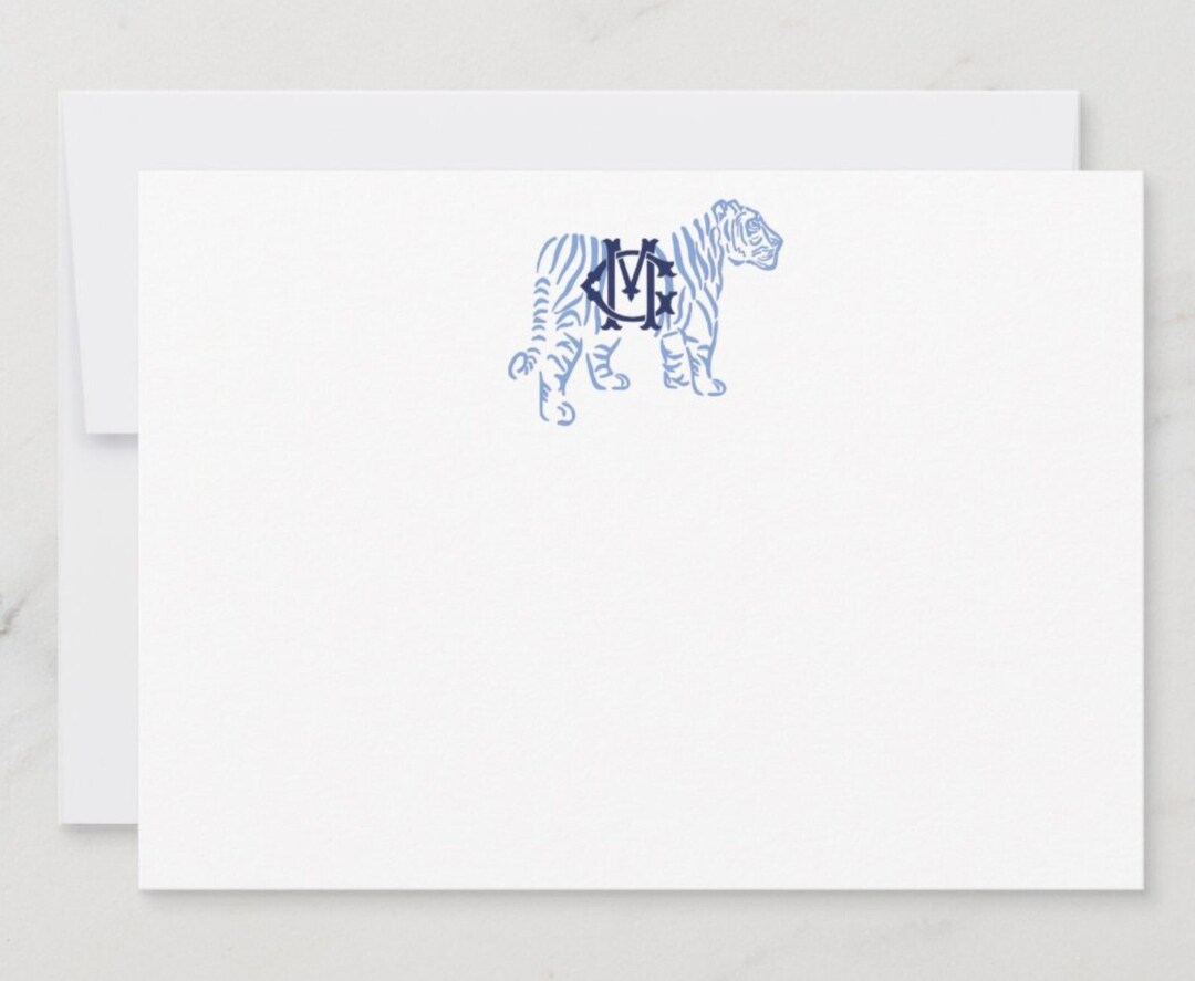 Monogram Tiger Stationery Cards, Personalized Flat Note Cards, Custom Office Supplies, Preppy ...
