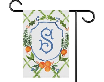 Monogram Crest Chinoiserie Garden Flag, 12'' × 18'' Floral Topiary Blue and White Plant Flag, Spring Garden Banner, Citrus Orange Crest