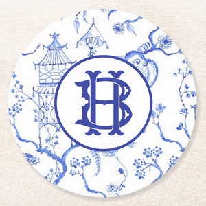 Monogram Chinoiserie Paper Coaster, Blue and White Monogram Drink Coaster, Custom Two Letter Monogram Wedding Decor, Pagoda Chinoiserie