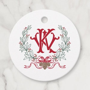 Monogram Wreath Gift Tags, Personalized Chinoiserie Christmas Gift Tags, Holiday Favor Tags, Christmas Wreath Tags,