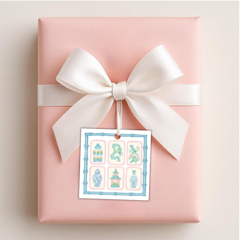 Pastel Chinoiserie Mahjong Gift Tags, Custom Chinoiserie Gift Tags, Personalized Mahjong Tile Gift Tags, Game Night Tags image 6