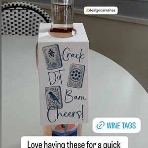 Crack Dot Bam Cheers! Hanging Wine Bottle Gift Tag, Custom Blue & White Chinoiserie Mahjong Hostess Gift Tag, Personalized Mahjong Wine Tag image 6