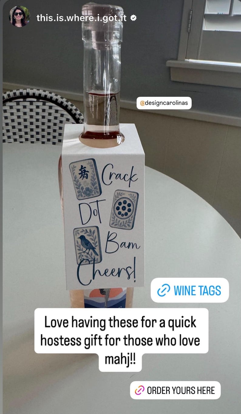 Crack Dot Bam Cheers! Hanging Wine Bottle Gift Tag, Custom Blue & White Chinoiserie Mahjong Hostess Gift Tag, Personalized Mahjong Wine Tag image 6