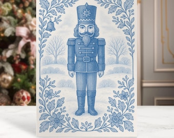 Blue & White Delft Nutcracker Christmas Card, Custom Folded Holiday Card, Traditional Grandmillenial Nutcracker Card