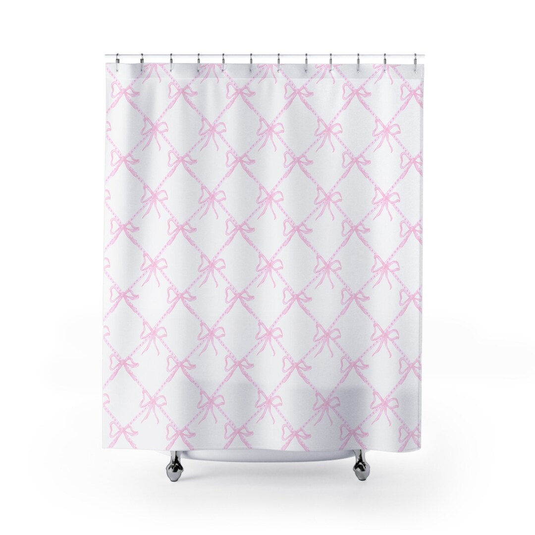 Pink Bow Shower Curtain, Pink & White Ribbon Shower Curtain ...