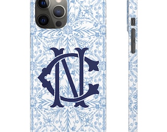 Blue and White Floral Chinoiserie Monogram Phone Case, Personalized iPhone 17 Case