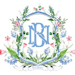 May include: A blue and white monogram with the initials "NB" surrounded by a wreath of pink and blue flowers. The wreath is tied with a white ribbon with the text "Nicole Benson" printed on it.