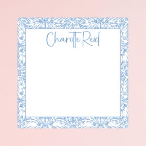 Blue & White Floral Monogram Square Notepad, Personalized Name Notepad, Grandmillenial Watercolor Note Pad Gift Custom Chinoiserie