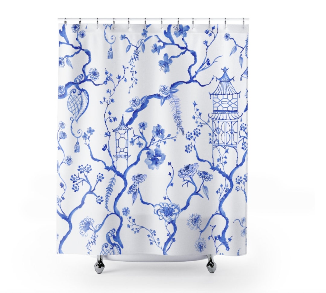Asian Style Pagoda Shower Curtain - Waterproof Polyester, 36x72 Inches, Chinoiserie Floral Design