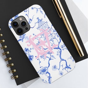 Tough Case Chinoiserie Two Letter Monogram Phone Case, Blue and White Personalized iPhone Case, Custom Monogram Case, iPhone 15 iPhone 14