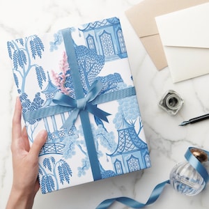 Blue and White Pagoda Wrapping Paper, Blue and White Chinoiserie Gift Wrap, Ginger Jar Wrapping Paper, Blue and White Floral Paper